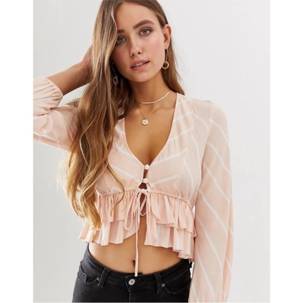 Free‎ People Samifran Top Peach Stripe Babydoll Crop Boho Romantic Girly Sz M